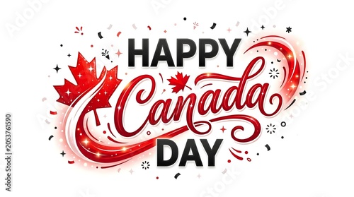 Happy Canada Day Celebration Text with Maple Leaf