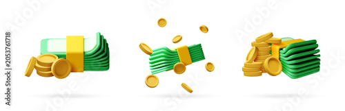 Set of 3d money icons with cash stack and gold coin. Bundle of currency for financial investment, banking, business growth, profit, saving and wealth management concept. Vector illustration