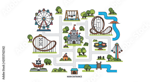 Amusement park map with rides and attractions