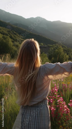 Beautiful blonde woman standing in a lush mountain meadow filled with pink wildflowers, spreading her arms wide to embrace the serene beauty of nature and the warm light of the setting sun