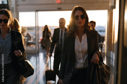 Passengers walk confidently towards a sunlit airplane, embodying the excitement of travel and the anticipation of forthcoming adventures in a vibrant airport setting.