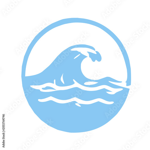 Stylized blue whale leaping from ocean waves in circular frame design.