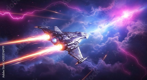 Futuristic space fighter jet soaring through cosmic storm with neon energy trails and lightning
