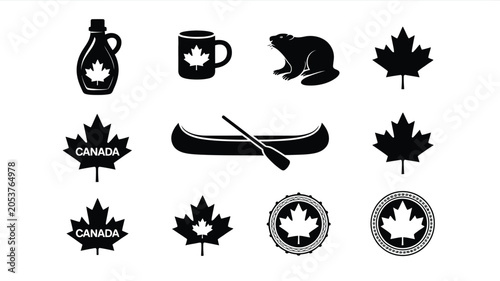Foto Collection of canadian cultural icons including canoe beaver maple leaf and syrup bottle set