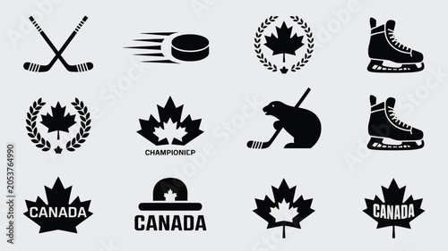 Photography Canadian hockey and sports symbols including puck sticks skates and maple leaf icons
