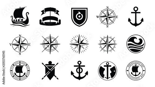 Nautical navigation and maritime discovery icons featuring ships anchors and compass rose.