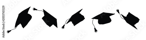 Graduation caps various positions black silhouettes on white background vector illustration.