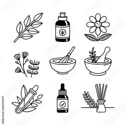 Foto Herbal medicine icons set with leaves, flowers and bottles