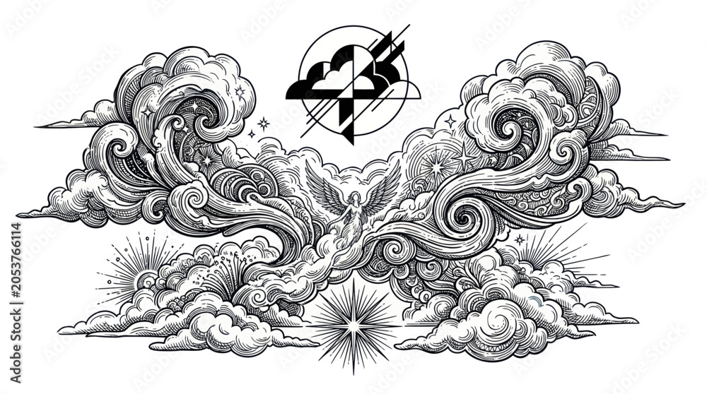 Obraz premium Angel soaring amidst celestial swirling clouds and radiant stars