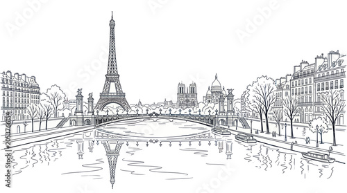 Obraz na płótnie Paris city skyline with eiffel tower and seine river bridge