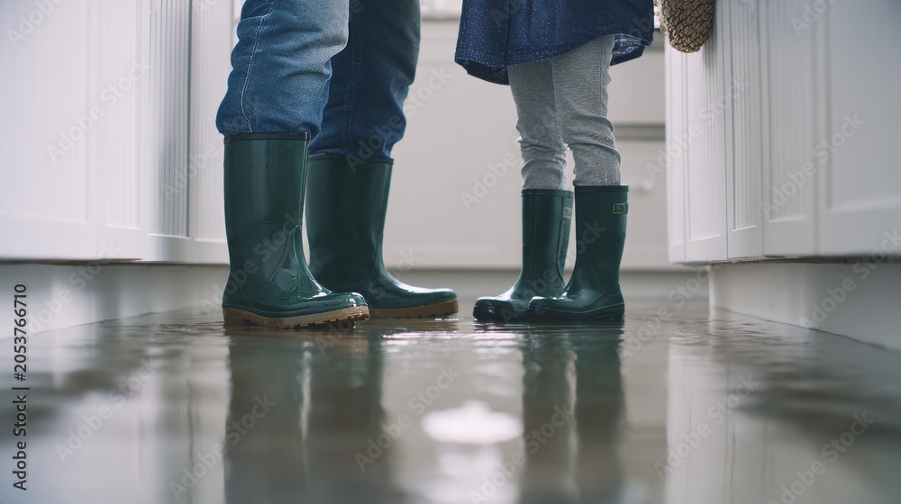 Fototapeta premium Flooded indoor space water covered floor rubber boots standing people reflection water surface disaster cleanup safety scene with blue jeans grey pants low angle composition showing flooding impact