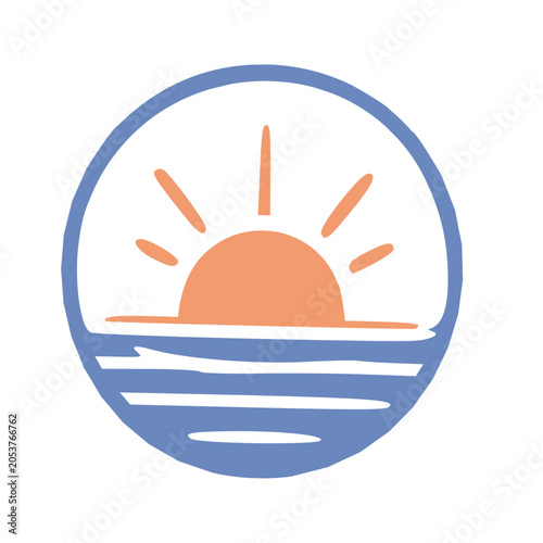 Vibrant circular illustration of a serene sunset over calm water.