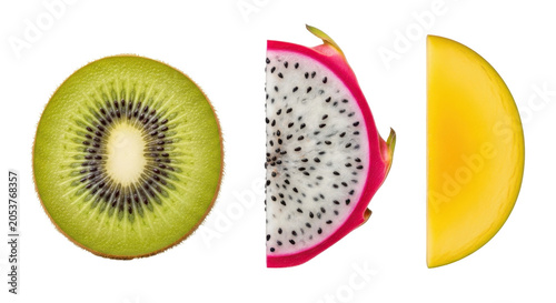 fresh sliced kiwi dragon fruit and banana isolated on transparent background