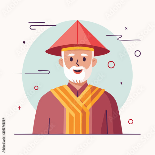 Illustration of an elderly man in traditional Asian conical hat and robe