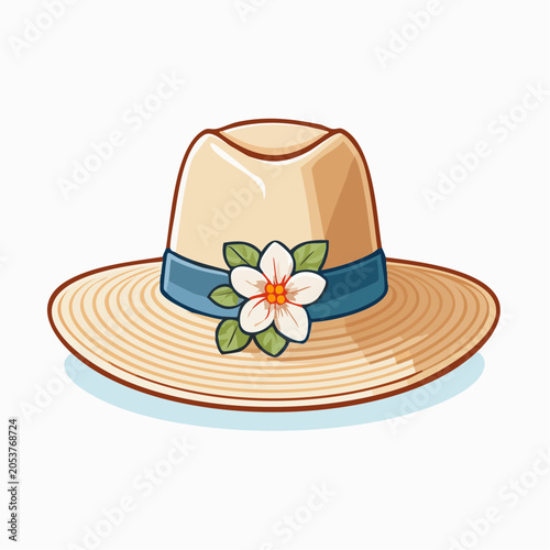 Straw Hat with Blue Ribbon and Flower