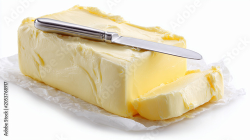 A block of fresh butter with a knife isolated on white background