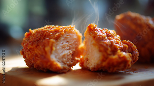 Freshly fried crispy chicken piece split open with steam rising