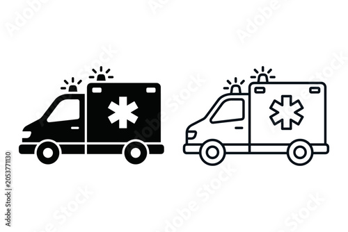 Ambulance icons in black and white, representing emergency medical services and transport