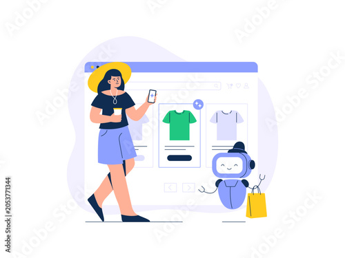 AI shopping assistant helping customers make purchase decisions in an online store. E-commerce and retail technology concept. Vector flat illustrations isolated on a white background.