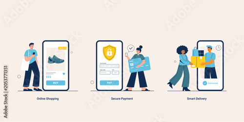Online shopping, secure payment, and smart delivery concepts. Mobile app with digital purchase process, protected transactions, and package delivery service. Vector flat illustrations set.