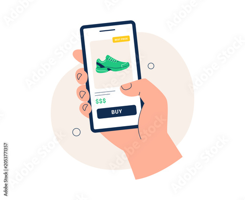 Online shopping app concept with smartphone product page. Mobile commerce and digital retail. Vector flat illustrations isolated on a white background.
