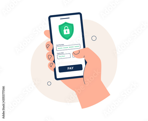Secure mobile payment concept. Protected card transaction, online checkout, and cybersecurity shield. Vector flat illustrations isolated on a white background.