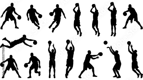 Basketball Player Silhouette Vector Set Dribbling Shooting Jumping Diving Passing Poses for Sports Design, Group Of Basketball Playing