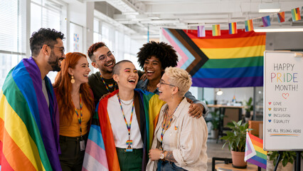 Joyful diverse LGBTQ+ professionals celebrating Pride Month at workplace
