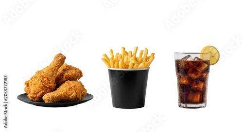 Fried chicken pieces with french fries and cola drink on transparent background