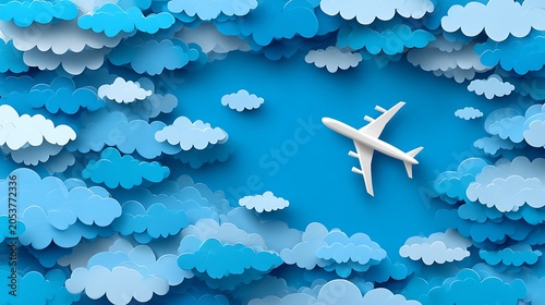 A white paper airplane flying over a blue sky with white clouds and a wristwatch
