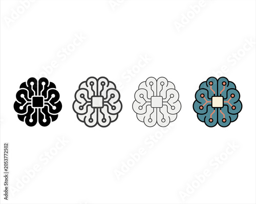 AI Brain Circuit Icon Evolution Set | Artificial Intelligence Technology Vector Icons | Solid Outline Line Art Flat Color Collection 