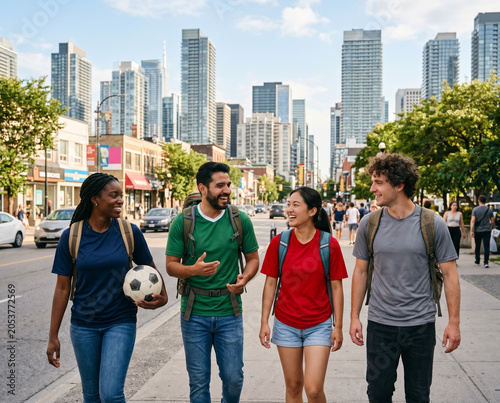 Group of young international friends walking with a soccer ball in a city street for urban banner and youth background