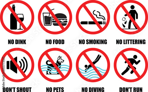 Foto Set of Prohibition and Warning Signs Icons for Public Places and Rules