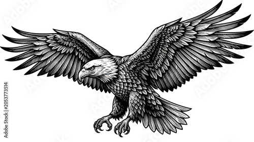 Bild auf Leinwand Majestic bald eagle soaring with wings spread in engraving style