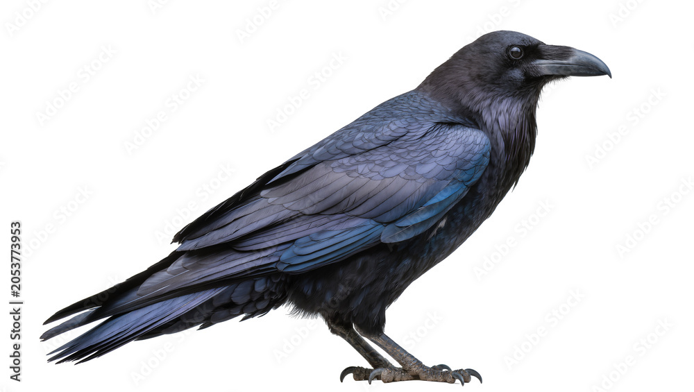 Obraz premium Black raven bird with iridescent blue feathers