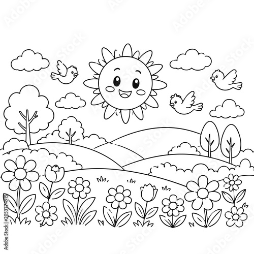 Cheerful countryside spring scene line art colouring page