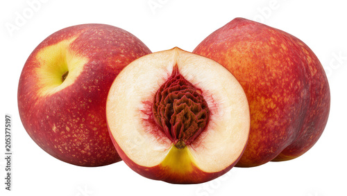 Whole and halved nectarines with visible pit and flesh