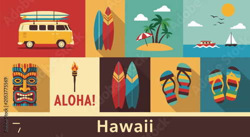 Photos Tropical Hawaii vacation travel vector illustration featuring surfboards and isl