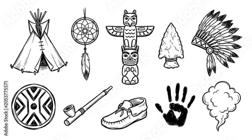 Set of hand drawn Native American cultural icons and tribal symbols.