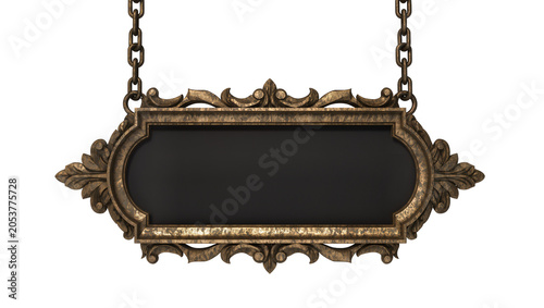 Ornate hanging sign with decorative metal frame and black insert