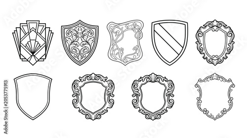 Set of vintage heraldic shield frames and ornate crest borders.