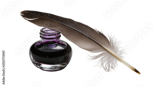 Εκτύπωση καμβά Feather quill resting on a glass inkwell with purple ink