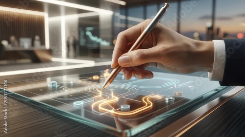 Hand Using Stylus on Futuristic Transparent Touchscreen Display With Digital Interface in Modern Office