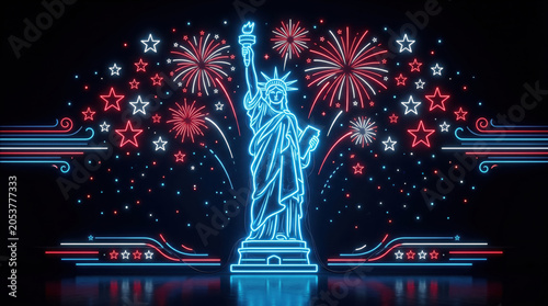 Neon statue of liberty outline with colorful fireworks and stars on a dark generated using ai