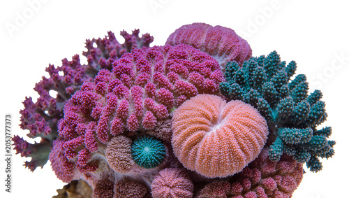 Fotografija Vibrant coral colony with pink orange, and teal polyps
