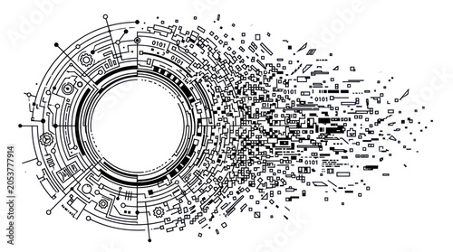 Bild auf Leinwand Tech hud circle disintegrating into digital pixels and binary data