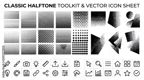 Classic halftone patterns and user interface vector icon sheet