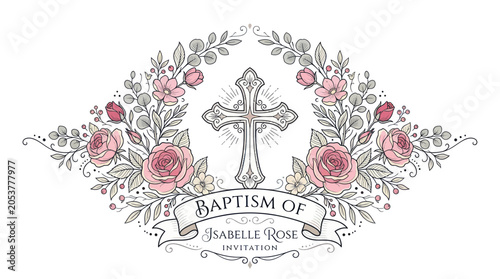 Fotografie Elegant baptism invitation with religious cross and pink rose wreath