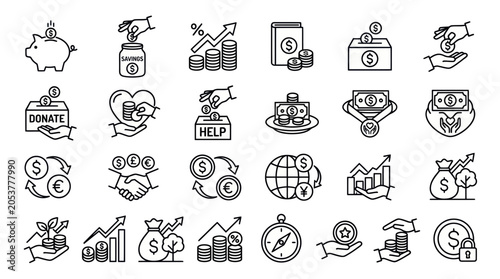 Finance and charity icons for savings investment and global banking