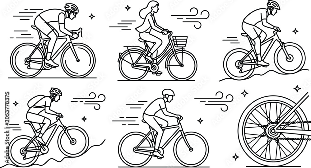 Naklejka premium Cycling vector icon set linear outline bicycle riders mountain bike road racing commuter wheel isolated on white background